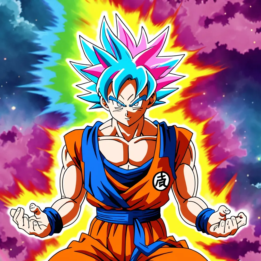 Prompt: Goku with rainbow hair and multi colour Aura 