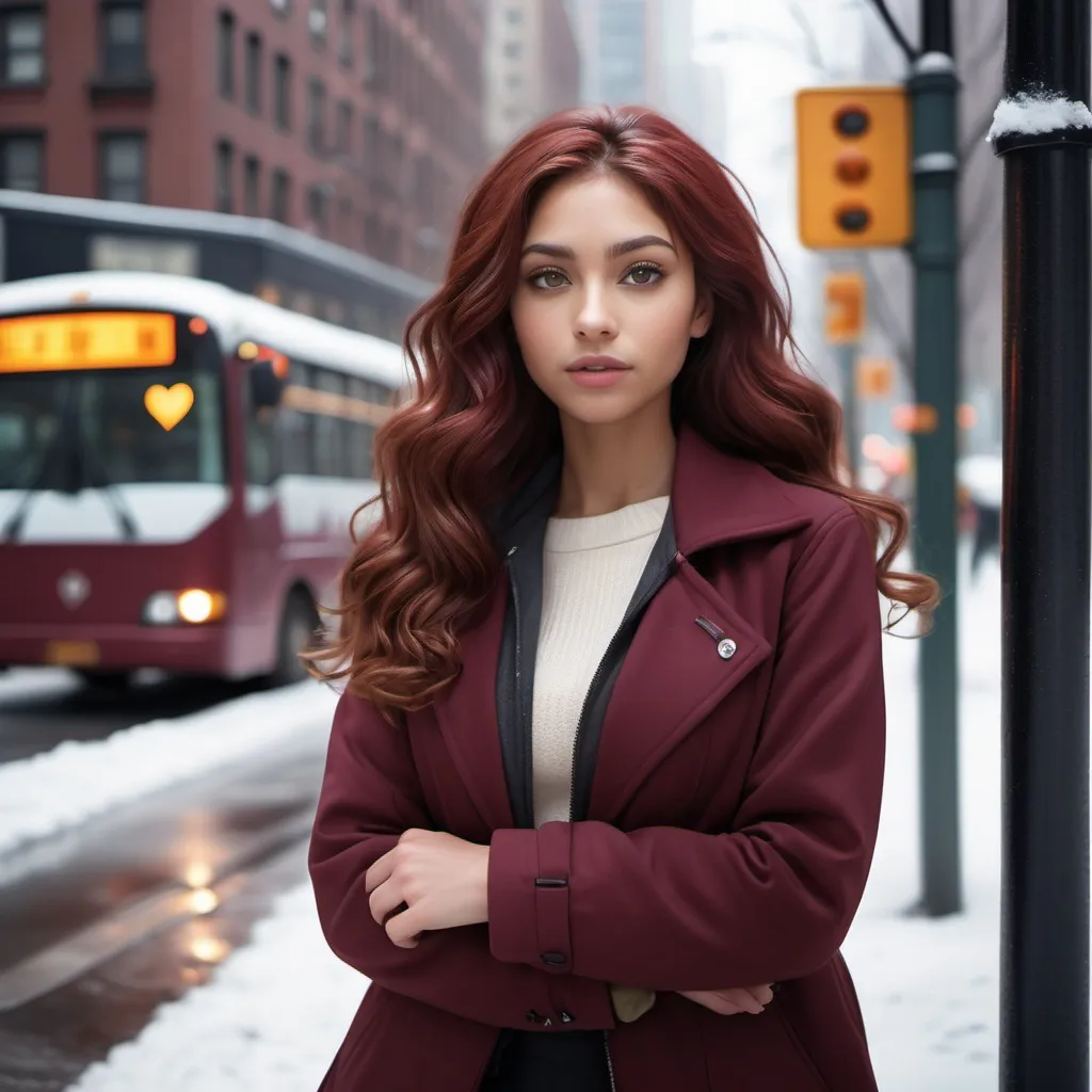 Prompt: 8K audio-visual masterpiece, (girl next door average looking), olive skin, striking maroon jacket, hazel eyes shining intensely, soft black office pants, (calm and gazing) expression, key light on her perfect heart-shaped face, Long curly red hair, standing patiently (at a bus stop), (winter in new york), white snow light filtering through, ultra-detailed, high-quality image, captivating atmosphere.