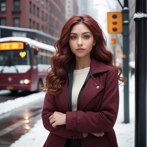 Prompt: 8K audio-visual masterpiece, (girl next door average looking), olive skin, striking maroon jacket, hazel eyes shining intensely, soft black office pants, (calm and gazing) expression, key light on her perfect heart-shaped face, Long curly red hair, standing patiently (at a bus stop), (winter in new york), white snow light filtering through, ultra-detailed, high-quality image, captivating atmosphere.