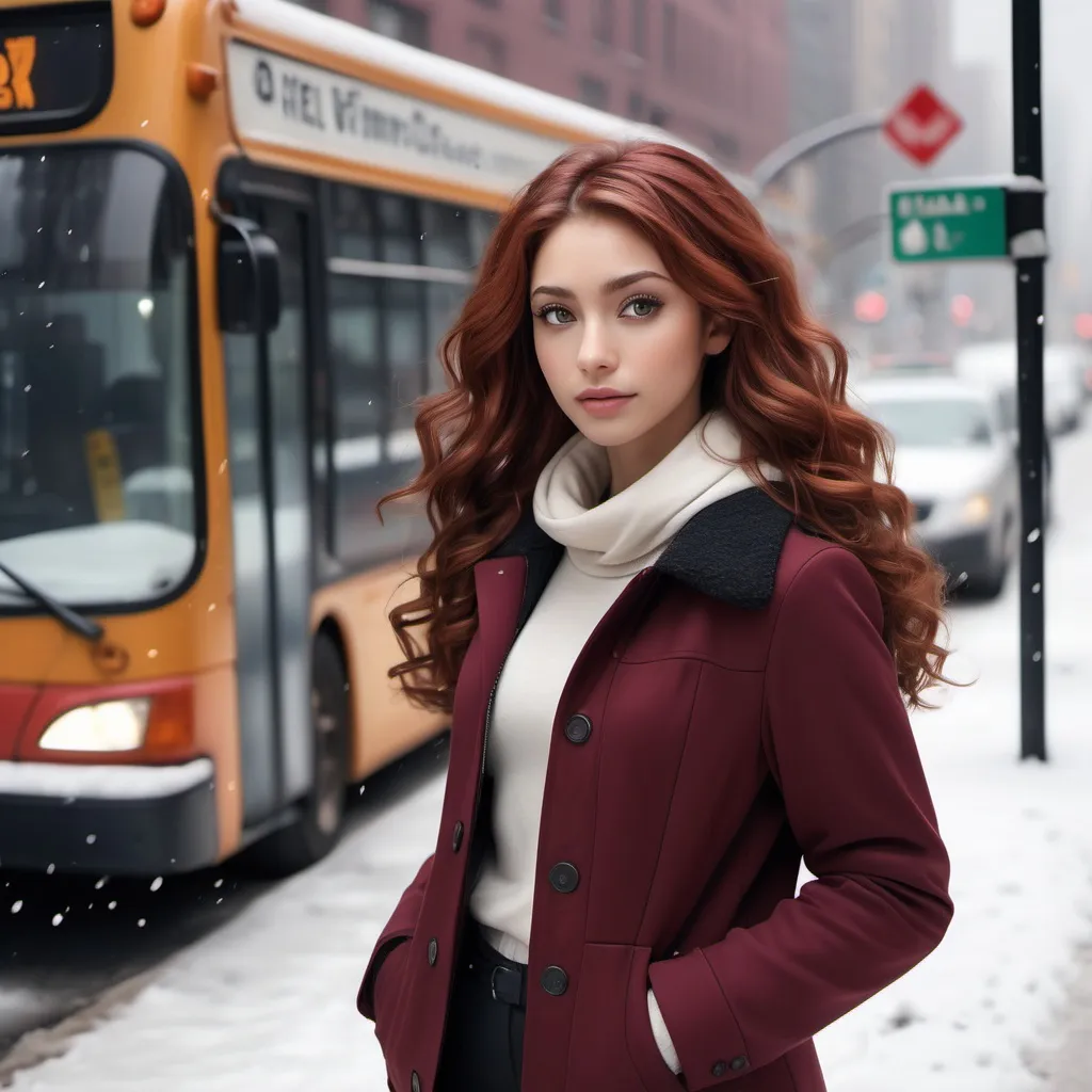 Prompt: 8K audio-visual masterpiece, (girl next door average looking), olive skin, striking maroon jacket, hazel eyes shining intensely, soft black office pants, (calm and gazing) expression, key light on her perfect heart-shaped face, Long curly red hair, standing patiently (at a bus stop), (winter in new york), white snow light filtering through, ultra-detailed, high-quality image, captivating atmosphere.