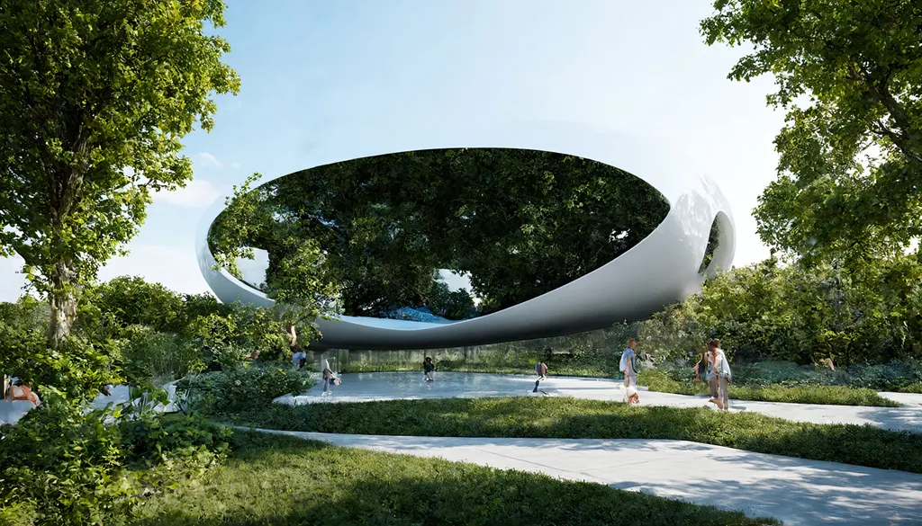 Prompt: Generate the image of the sustainable futuristic pavilion following the parametric architecture style. The pavilion about 500 sq. m it should be sharp and clear. The height of the pavilion should be 7 m or 9 m not more than that. Pavilion should be interacting with the trees much. The pavilion should be huge but having the height limit of 7 m.