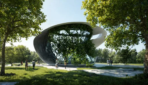 Prompt: Generate the image of the sustainable futuristic pavilion following the parametric architecture style. The pavilion about 500 sq. m it should be sharp and clear. The height of the pavilion should be 7 m or 9 m not more than that. Pavilion should be interacting with the trees much. The pavilion should be huge but having the height limit of 7 m.