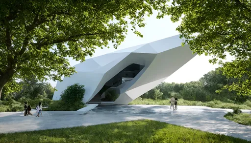Prompt: Generate the image of the sustainable futuristic pavilion following the parametric architecture style. The pavilion about 500 sq. m it should be sharp and clear. The height of the pavilion should be 7 m or 9 m not more than that. Pavilion should be interacting with the trees much. The pavilion should be huge but having the height limit of 7 m.