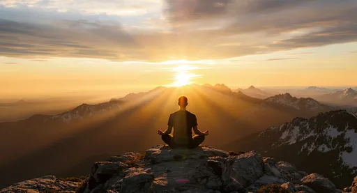 Prompt: A person meditating in a lotus position on top of a high mountain during sunrise. The figure is silhouetted against the glowing sky, with warm sunlight casting a golden hue across the landscape. Majestic mountain peaks stretch into the distance under a partly cloudy sky. The atmosphere is peaceful, spiritual, and awe-inspiring, with a sense of solitude and connection to nature.