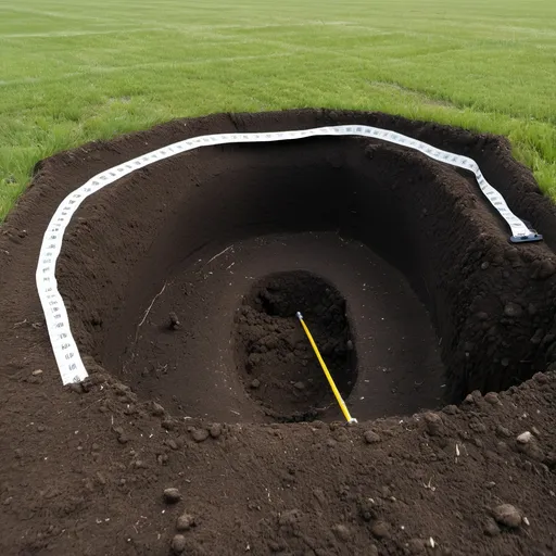 Prompt: Show me a field with a trial hole dug with a tape measure showing how deep