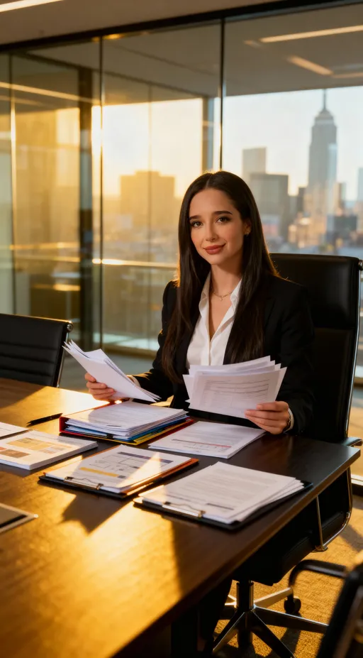 Prompt: A cinematic portrait of a young woman (based on reference photo) sitting at a large desk in a meeting room.  
She confidently holds many papers and project files in her hands, with organized documents on the table.  
Expression: proud, powerful, and in control as if leading the meeting.  
Lighting: golden warm highlights with deep cinematic shadows, giving a professional and powerful atmosphere.  
Background: modern office meeting room with glass walls and blurred city view.  
Style: cinematic, realistic, professional storytelling vibe.    