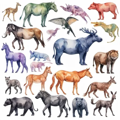 Prompt: A blurry amalgam of different animals blending and morphing together. The different animal parts are mixed to create new creatures. No background. Watercolor.