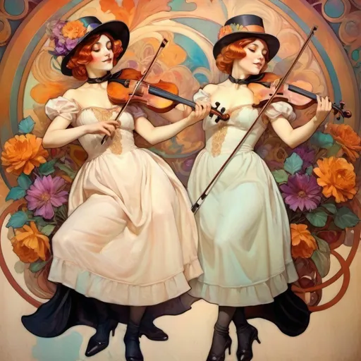 Prompt: oil painting picture, Circus Theater ,siamese twins,   Hats flower, colors, rembrand, iplay the violin