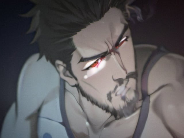 Prompt:  smoking, anime, six pack abs, beard, red eyes