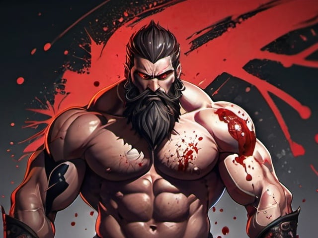 Prompt: Fantasy illustration of a powerful warrior with a majestic beard, piercing red eyes, and flexing biceps, standing alongside an anime girl, both transformed into anime characters, blood splatter on the face, high quality, detailed fantasy, anime, powerful, red-eyed, majestic beard, flexing biceps, blood splatter, anime transformation, fantasy style, intense gaze, dramatic lighting, girl is with out clothing