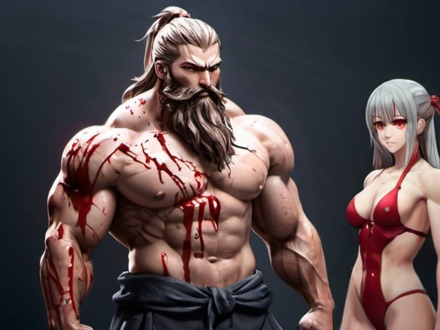 Prompt: warrior with a majestic beard, piercing red eyes, and flexing biceps, standing alongside an anime girl, both transformed into anime characters, blood splatter on the face, high quality, detailed fantasy, anime, powerful, red-eyed, majestic beard, flexing biceps, blood splatter, 