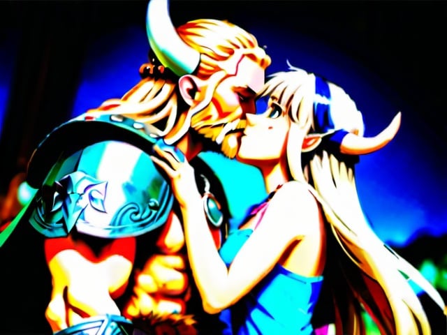 Prompt: Fantasy viking, standing alongside an anime girl, kissing each other