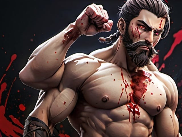Prompt: warrior with a majestic beard, piercing red eyes, and flexing biceps, standing alongside an anime girl, both transformed into anime characters, blood splatter on the face, high quality, detailed fantasy, anime, powerful, red-eyed, majestic beard, flexing biceps, blood splatter, 