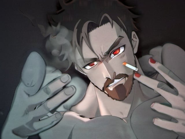 Prompt:  smoking, anime, six pack abs, beard, red eyes