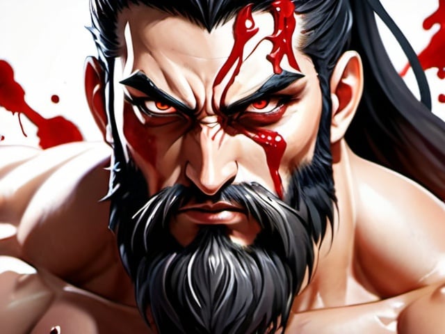 Prompt: Fantasy illustration of a powerful warrior with a majestic beard, piercing red eyes, and flexing biceps, standing alongside an anime girl, both transformed into anime characters, blood splatter on the face, high quality, detailed fantasy, anime, powerful, red-eyed, majestic beard, flexing biceps, blood splatter, anime transformation, fantasy style, intense gaze, dramatic lighting, girl is with out clothing