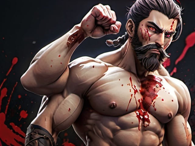 Prompt: warrior with a majestic beard, piercing red eyes, and flexing biceps, standing alongside an anime girl, both transformed into anime characters, blood splatter on the face, high quality, detailed fantasy, anime, powerful, red-eyed, majestic beard, flexing biceps, blood splatter, 