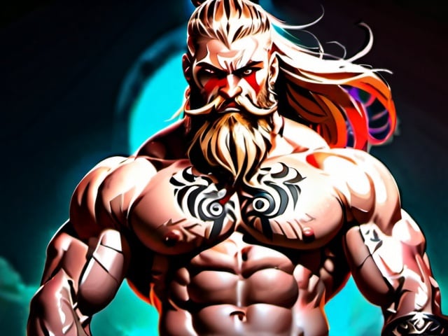 Prompt: Fantasy viking with majestic beard and piercing red eyes, flexing biceps, standing alongside an anime girl, high quality, fantasy, detailed beard, intense gaze, majestic, anime, vibrant colors, dramatic lighting, kissing,  full body