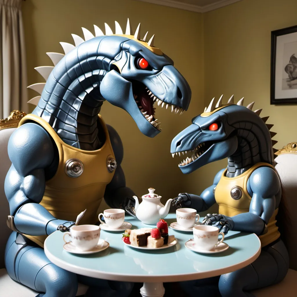 Prompt: Grimlock the planet eater enjoying afternoon tea with shelly belly, they are lovers but are also kinda shy about it
