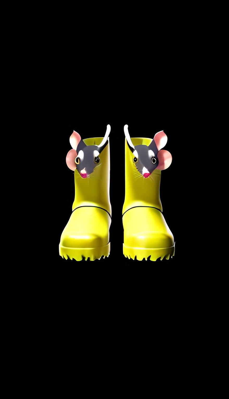 Prompt: A pair of children's Wellington boots, a picture of a puppet rat on the front of them, HD computer generated animation, high detailed 