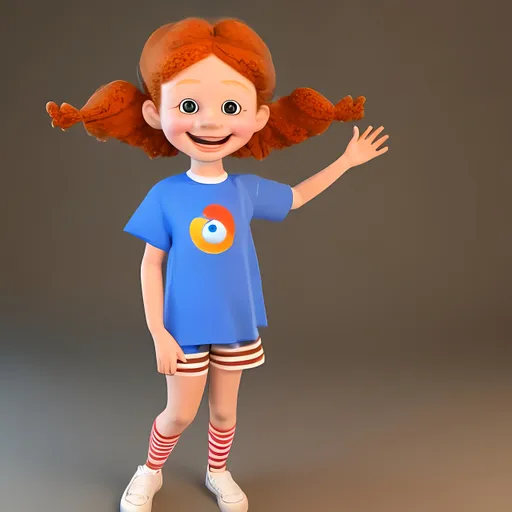 Prompt: Cartoon girl, 3d render, she is 5 years old, ginger hair, freckles, two arms two hands, to her side, two legs, two feet, stripey t shirt, blue shorts or skirt, smiling. No teeth showing,