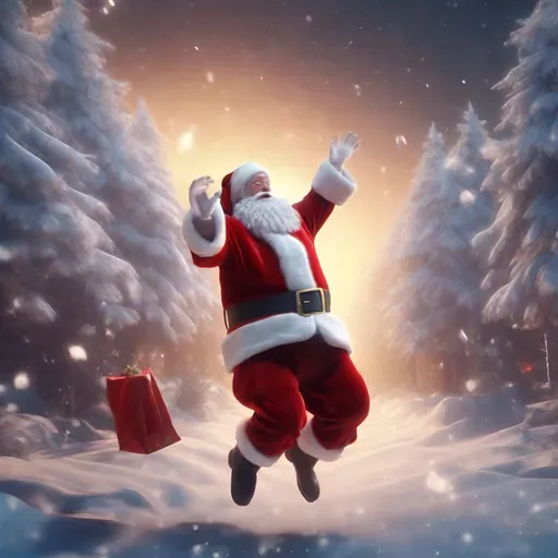 Prompt: Realistic 3D animation of Santa Claus falling from the sky, full-body, HD quality, detailed facial features, snowy landscape, festive atmosphere, vibrant colors, professional animation, detailed fur and clothes, magical lighting, Christmas theme, realistic animation, high quality, HD, 3D, snowy landscape, festive atmosphere, vibrant colors, magical lighting