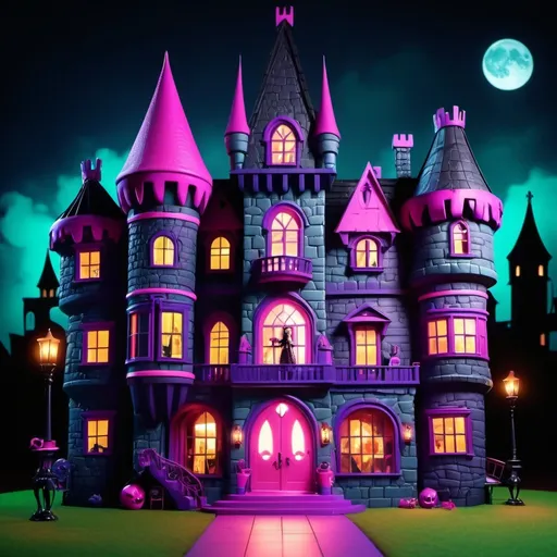 Prompt: night in the castle of monster high school very realistic