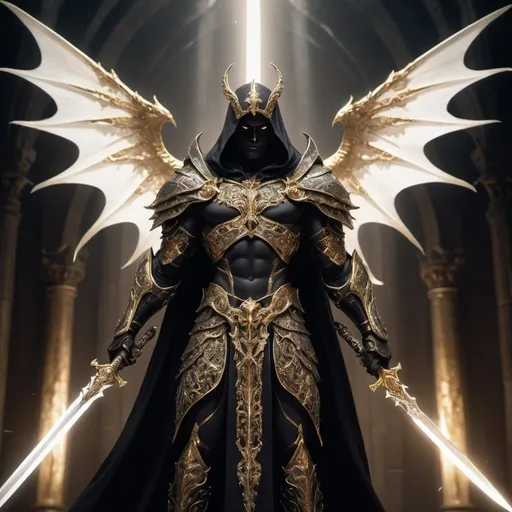 Prompt: Certainly! Here's a detailed description for the image:

---

In the image, a formidable and enigmatic figure stands at the center, exuding an aura of both divine power and dark menace. The character is clad in an intricate black armor, meticulously detailed with gold accents that trace along the edges and seams, giving it a regal yet ominous appearance. Over the armor, a flowing white hood and cloak are draped, partially obscuring the face, which is shrouded in deep shadow, enhancing the figure's mysterious presence.

Towering behind the character are two massive, bat-like wings, intricately designed with a lattice of sharp, bone-like structures. These wings are not just dark but seem to be emanating a subtle, otherworldly glow, hinting at a celestial power. The backdrop features a radiant halo that crowns the figure, adding to the juxtaposition of light and dark elements in the composition.

In the character's hands, they wield dual weapons – a long, elegantly curved sword in one hand and a menacing, ornate spear in the other. Both weapons shimmer with a golden light, suggesting a blend of divine energy and formidable combat prowess. The ground around the figure seems to crackle with the same golden energy, adding a dynamic and ethereal quality to the scene.

The overall atmosphere of the image is a blend of holy and unholy, with the character appearing as an angelic warrior with a dark edge, poised between the realms of light and shadow, ready to unleash their power. The detailed textures of the armor, the flowing fabric of the cloak, and the glowing elements all contribute to a highly detailed and captivating visual narrative.