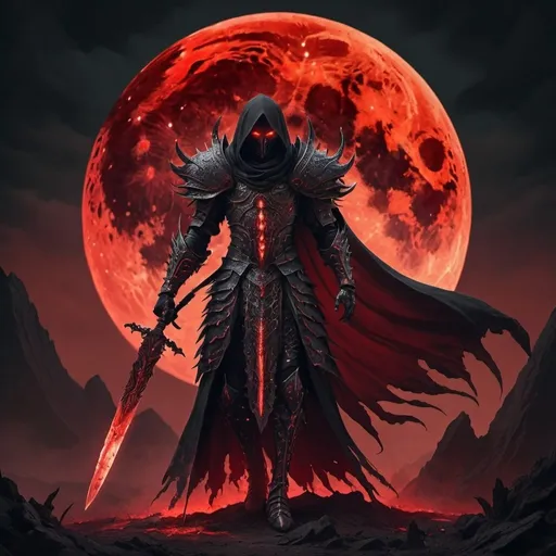 Prompt: The image depicts a dark, menacing figure standing in front of a large, ominous red moon. The figure is clad in elaborate, spiked armor with intricate designs, exuding an aura of power and intimidation. The armor is predominantly black with red accents, matching the eerie red glow of the moon. A tattered, shadowy cloak billows behind the figure, blending into the nightmarish, smoky background. In one hand, the figure wields a long sword that glows with an intense red light, complementing the overall dark and fiery theme. Red embers or petals are scattered around the figure, adding to the mystical and foreboding atmosphere. The scene is set in a dark, desolate landscape, enhancing the sinister presence of this imposing character.
