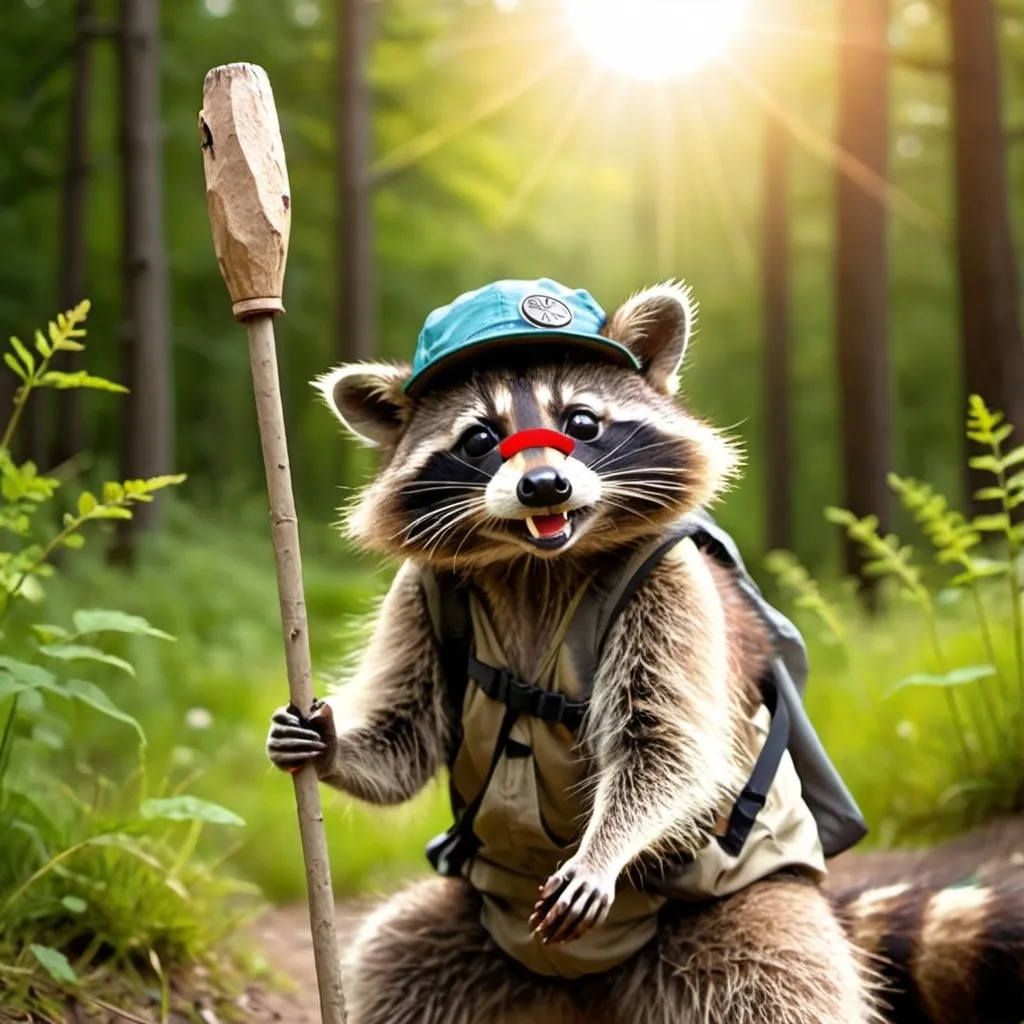 Prompt: Raccoon summer hiking happy sun hiking stick hat
