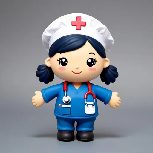 Prompt: Create a cute squishy round character with arms and feet wearing dark blue scrubs and a stethoscope around its neck and a name badge that says "nurse"