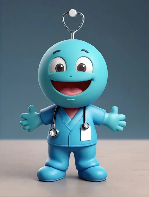 Prompt: Create a cute squishy round character with arms and feet wearing blue scrubs and a stethoscope around its neck