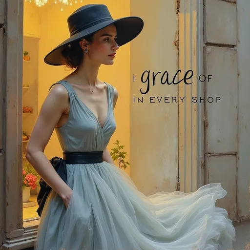 Prompt: a woman in a dress and hat with the words grace in every shop on it's side,, Edith Grace Wheatley, figurativism, elegance, an ultrafine detailed painting