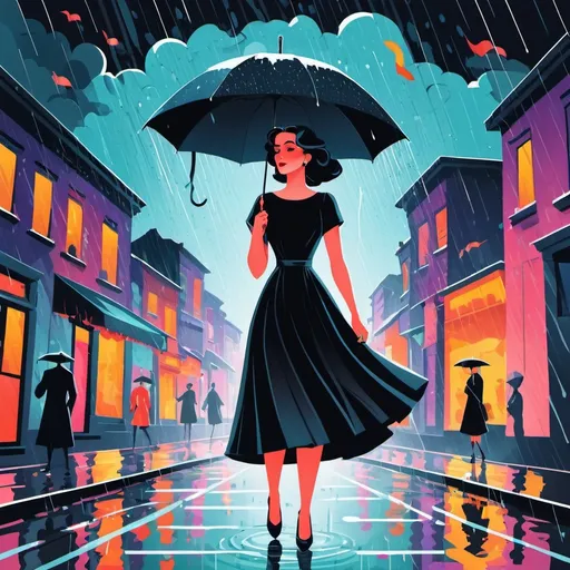 Prompt: 3d flat art, a woman in a black dress, vector art,raining day, cover art, bright colors, vitage illustration