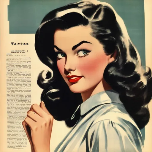 Prompt: handsome woman,black long hair on the first page of magazine, 50's editorial color illustration