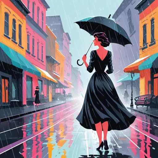 Prompt: 3d flat art, a woman in a black dress, vector art,raining day, cover art, bright colors, vitage illustration