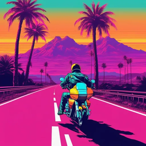 Prompt: retro 80s art, 1 men on motorbike down a highway with palm trees on the side of the road, retro art, synthwave,mountains view, highly detailed