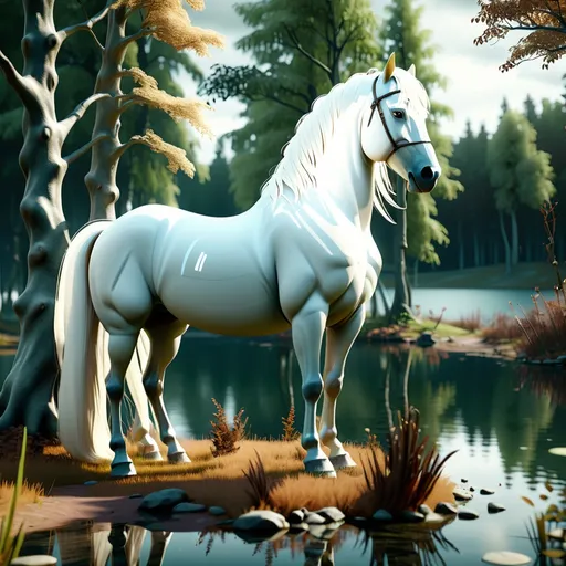 Prompt: a mysterious forest with a unic white horse next to a lake, high quality, unreal light engine