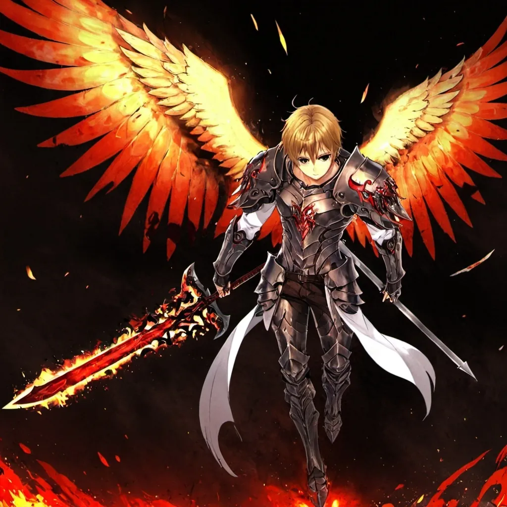 Prompt: Anime style, angel, male, fire wings, bloody armor and weapons, dark blonde hair, scars