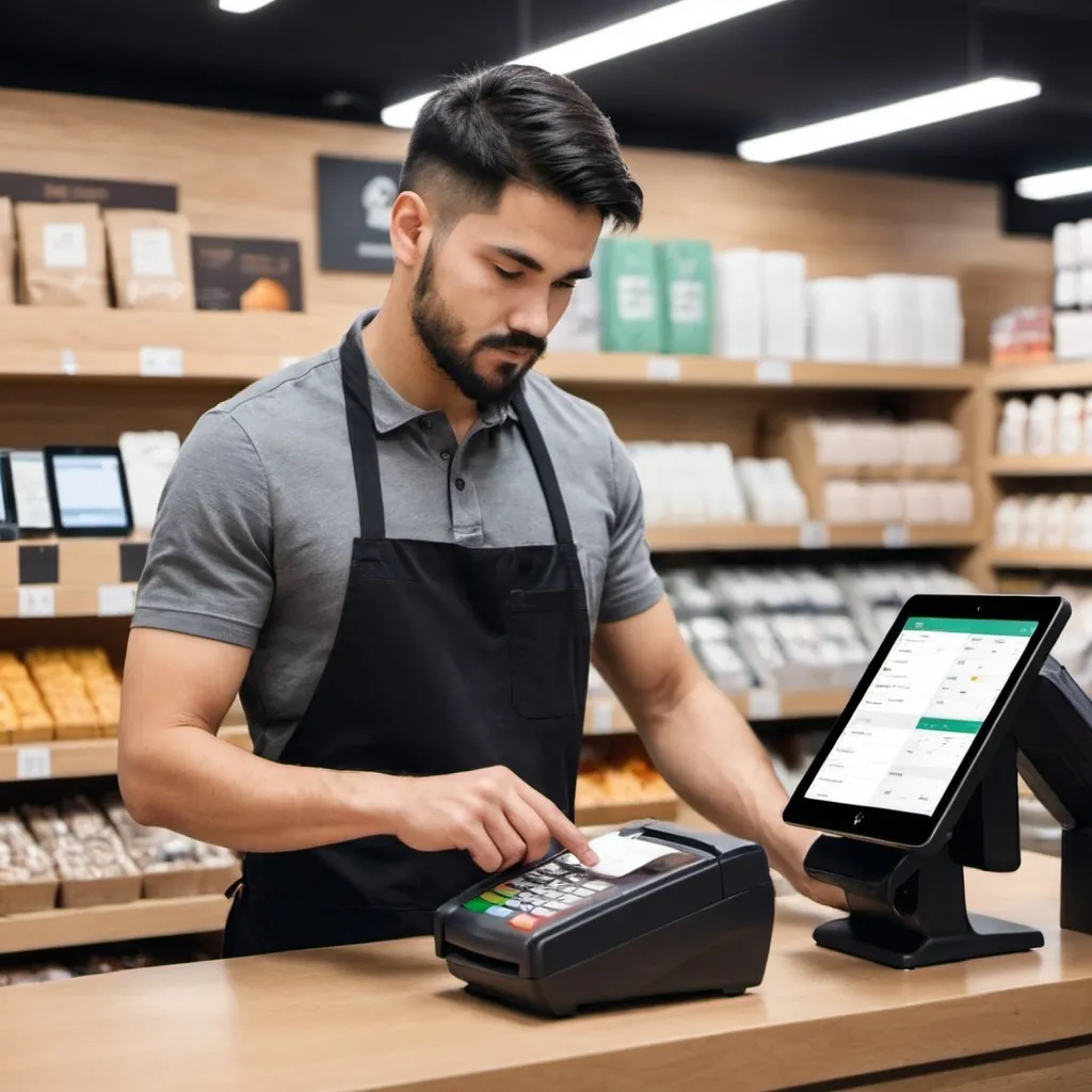 Prompt: A man use POS system in store