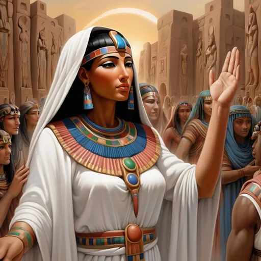 Prompt: Con la derrota del dios del caos, Nefertari sacrifica su poder para sellar el mal y restaurar la paz en su pueblo. Su imagen se convierte en una leyenda.