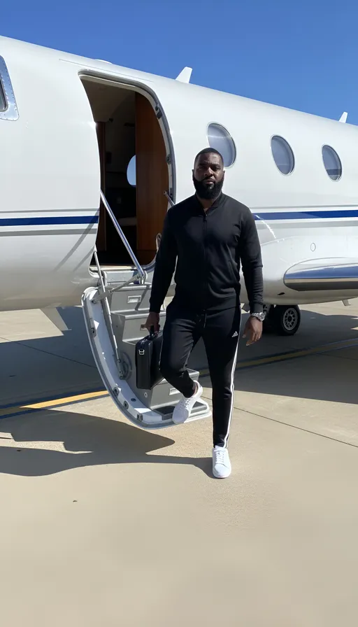 Prompt: Photograph of a stylish, middle-aged man African American man with short dark hair cut, and a trimmed mustache a full beard stepping out of a private jet.  He is looking at the camera face is clear and visible. He wears a black zip-up jacket, black track pants with white stripes, and white sneakers. He holds a black leather briefcase in his right hand. The jet, white with blue stripes, is parked on a sunny tarmac with a clear blue sky in the background. The jet's door is open, revealing a dim interior. The man is descending a set of gray, metallic steps attached to the jet's door. The texture of the jet's surface is smooth and shiny, contrasting with the matte finish of his clothing and the concrete tarmac. 