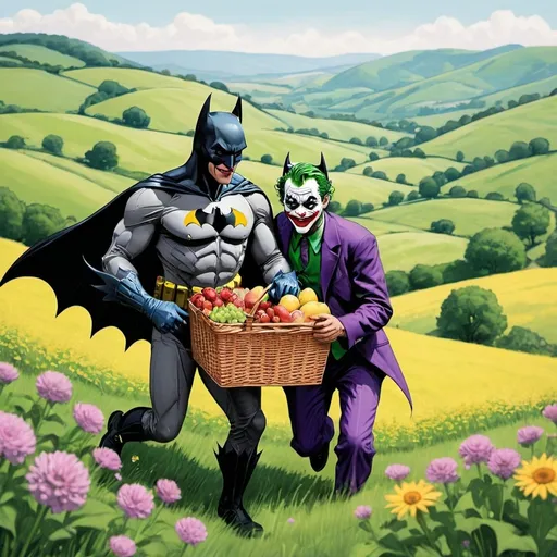Prompt: Draw me Batman and Joker frolicking through the flowers with a picnic basket in hands with rolling green hills in the background.