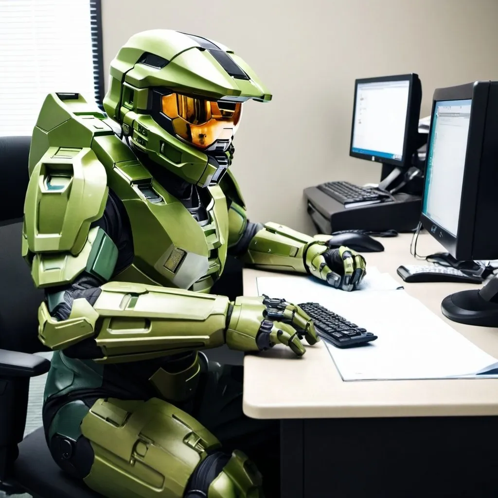 Prompt: Master chief working a desk job.