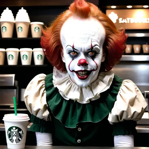 Prompt: Pennywise the clown as a Starbucks barista.