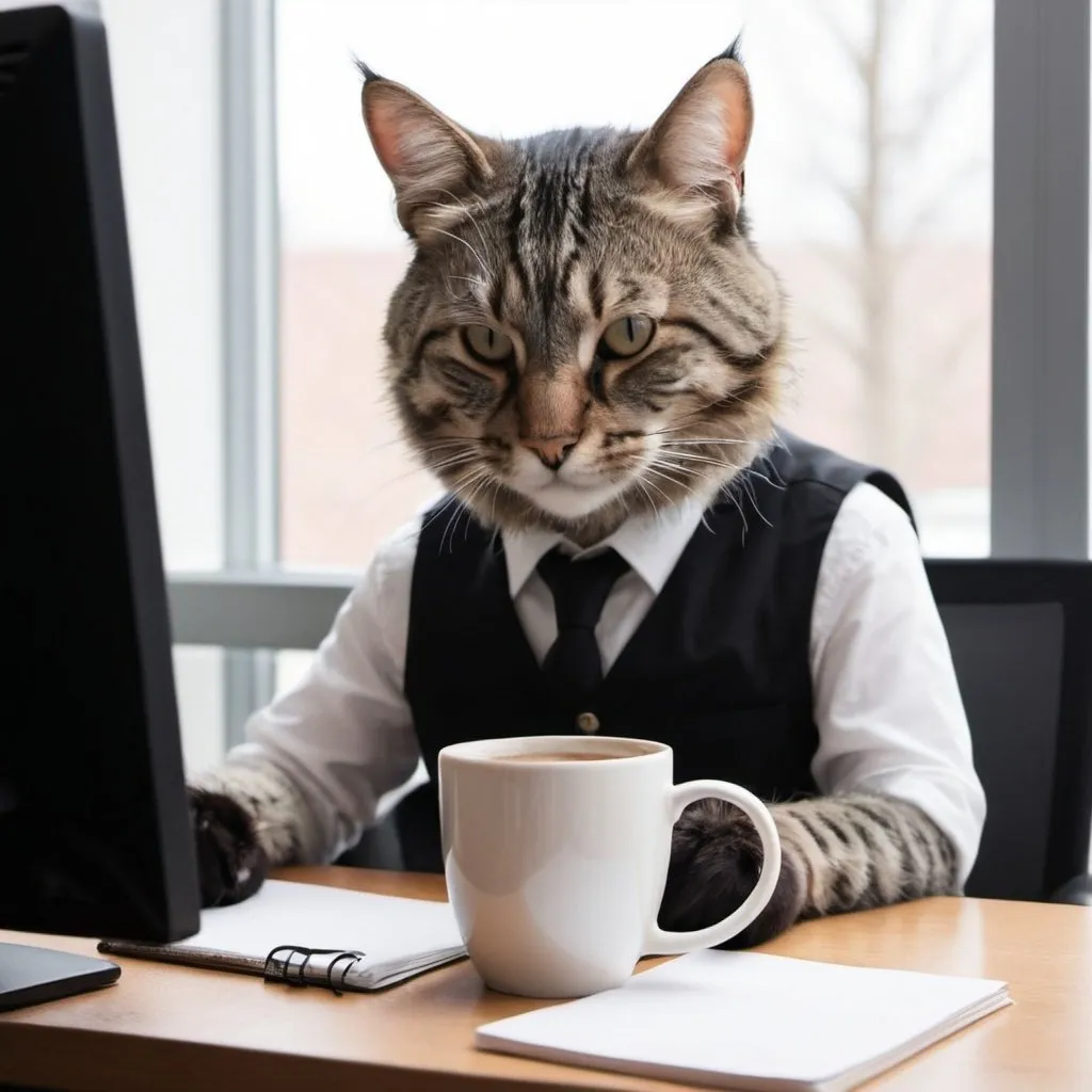 Prompt: Draw me a housecat working a 9-5 desk job while sipping coffee from his mug.