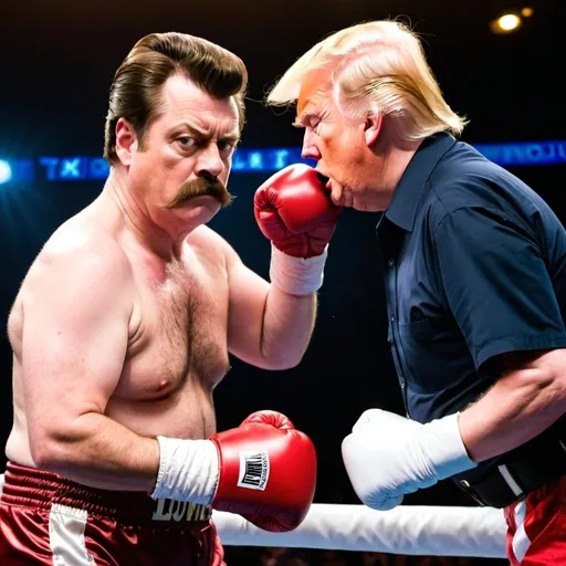 Prompt: Ron Swanson in a boxing match against  Donald Trump.