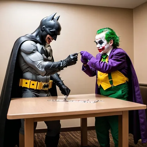 Prompt: Draw me a picture of Batman and Joker as midgets fighting over a measuring tape, on top of a table in a hotel room.