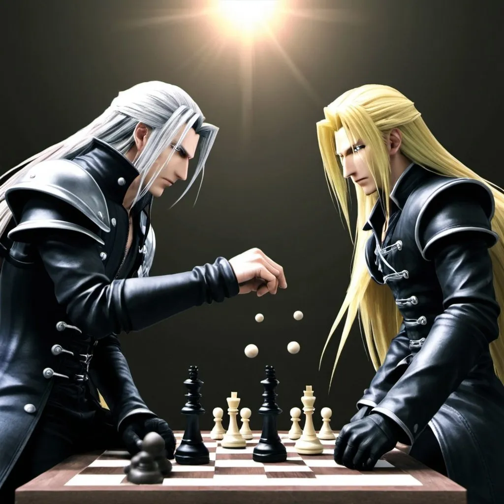 Prompt: Sephiroth beating Cloud Strife in a game of chess.