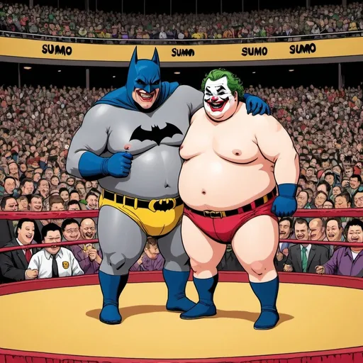 Prompt: Draw me a picture of Batman and Joker as obese sumo wrestlers in a giant wrestling ring surrounded be cheering fans and a referee. 
