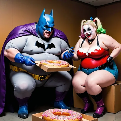 Prompt: Draw me a picture of a morbidly obese Batman and Jocker fighting over the last donut in the donut box, while Harley Quinn is watching with shocked expression.